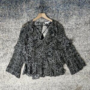 IRO Blouse Womens 40 Gray Metallic‎ Lurex Ruffle Peplum Sheer V Neck CARTY 18S